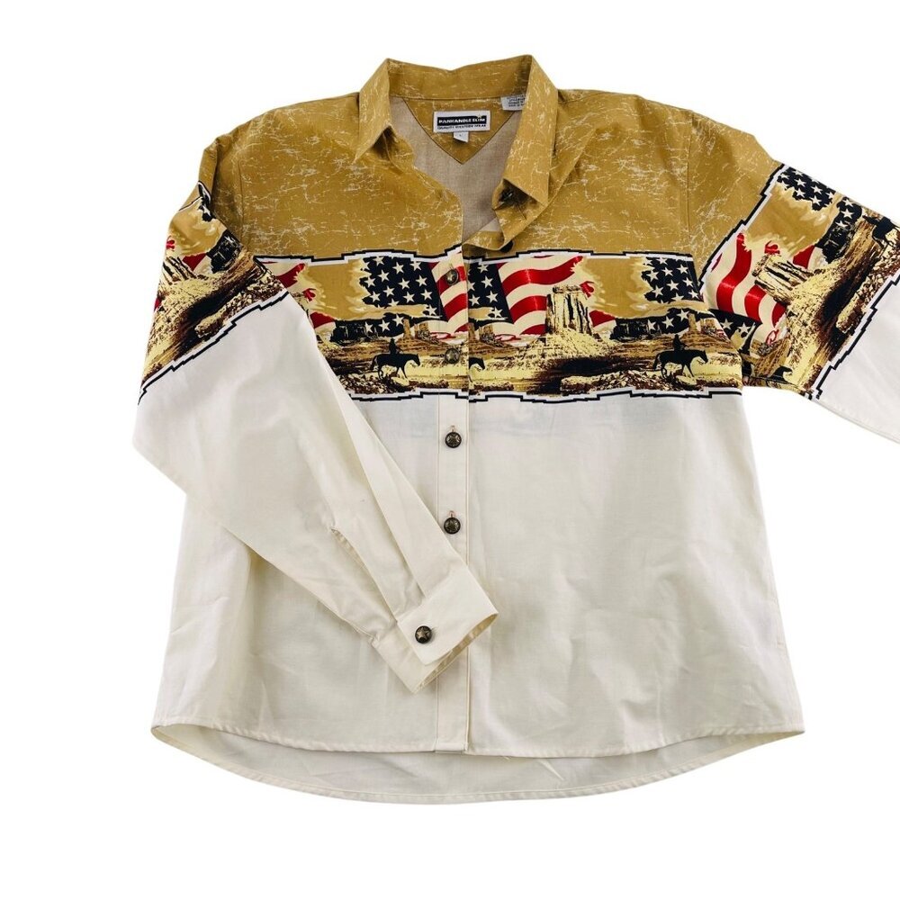 Panhandle Slim Quality Western Wear‎ Shirt L Button-Up Long Sleeve Beige & Gold